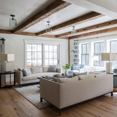 Antique Hand-Hewn Ceiling Beams and Oak Flooring in Private Home