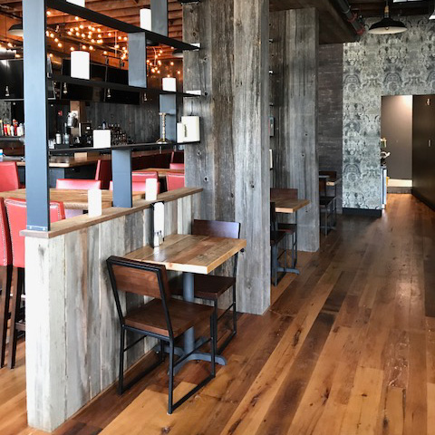 Reclaimed Oak Flooring and Spruce Tables at Brick & Beam Tavern in Quincy, MA